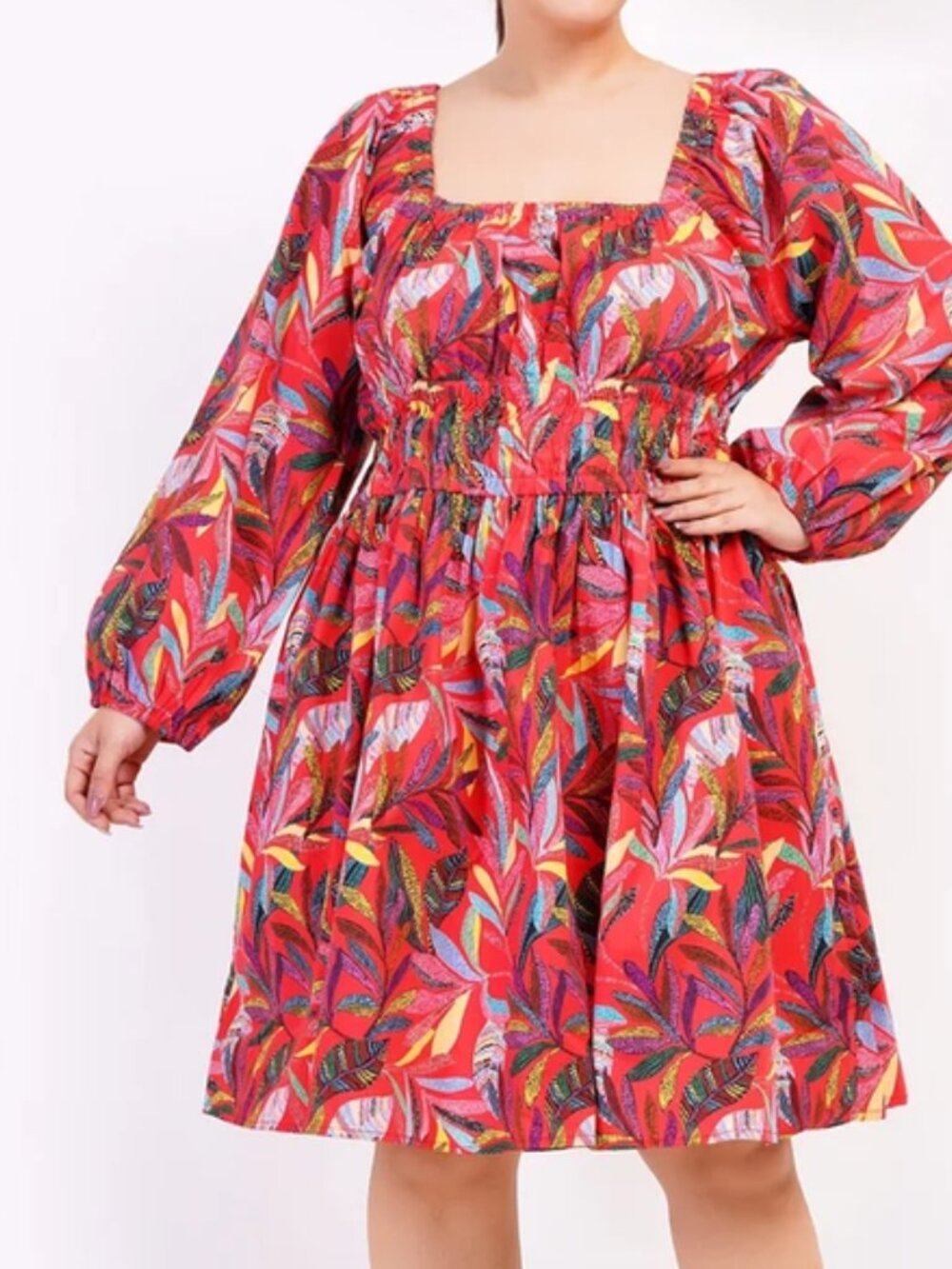 NWT Leota Genevieve Square Neck Mini Dress Palm Foliage Poppy Red Womens Sz 1X